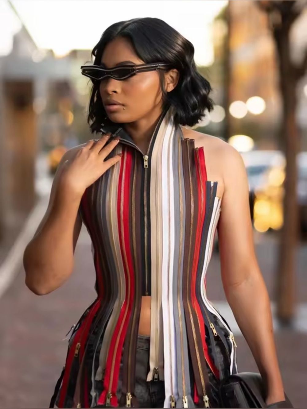 Multi-Color Zipper Stripe Corset Top